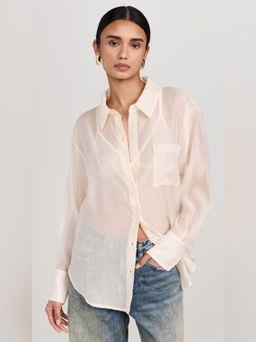 WAYF M Sheer Organza Button Down Shirt Light Beige Neutral Cream Buttondown Top